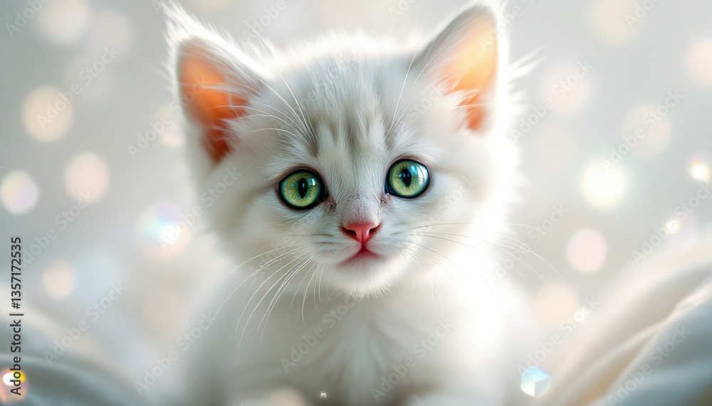 A fluffy white kitten with bright green eyes gazes forward sweetly A fluffy white kitten with bright green eyes gazes forward sweetly