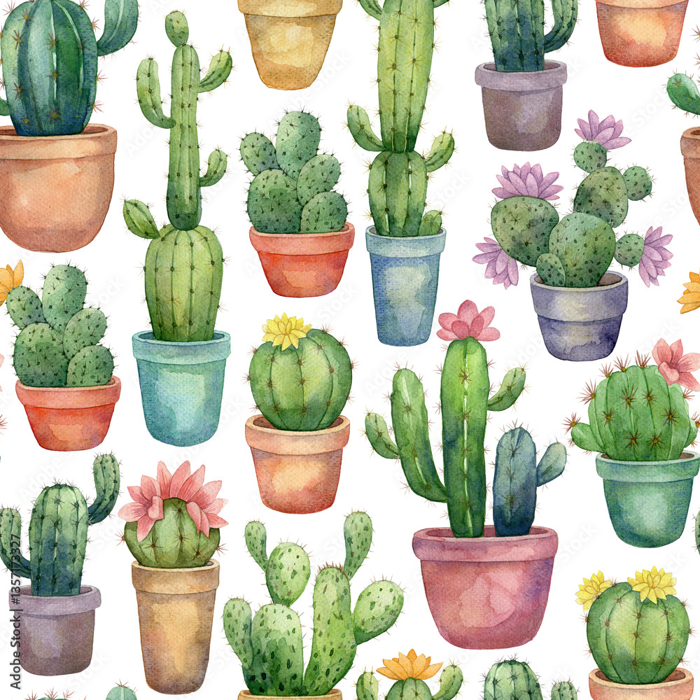 Cacti in watercolor technique hand drawn. Seamless background Cacti in watercolor technique hand drawn. Seamless background