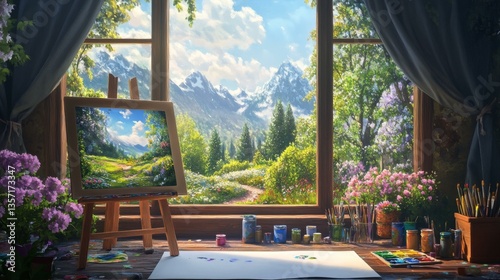 Painting the View From Studio Window Serene Mountain Vista Artwork on Easel Bright Light Hues