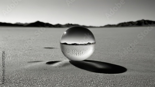 A mysterious scene in the desert, with a crystal ball resting on a palm, surrounded by sand and dunes, giving off a mystical vibe.

