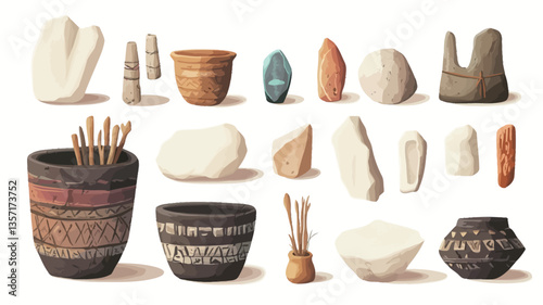 Digital illustration depicting a collection of various ancient artifacts on a white background. The artifacts include different types of pottery vessels with various patterns and textures, stone