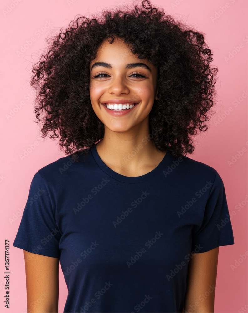 Radiant Portrait of a Smiling Woman Against a Pink Backdrop with Curly Hair and a Navy Blue Shirt Radiant Portrait of a Smiling Woman Against a Pink Backdrop with Curly Hair and a Navy Blue Shirt