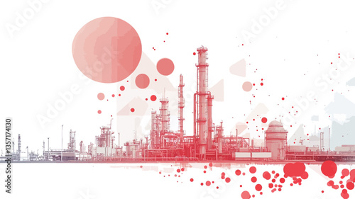 The image is an abstract illustration of an industrial complex, depicted in shades of red against a white background. The illustration uses a stylized, almost silhouette-like representation of the