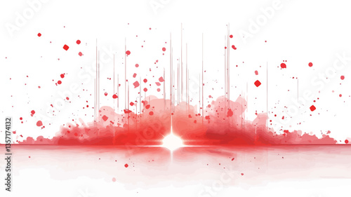 The image depicts a digital rendering of a red energy burst or explosion.  The burst emanates from a central point, with streaks of light radiating outwards.  Smaller, red particles are scattered
