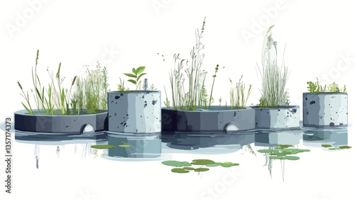 An illustration depicting several circular concrete planters floating on still water. Each planter contains various types of aquatic plants, including grasses and reeds.  The planters are grey, and