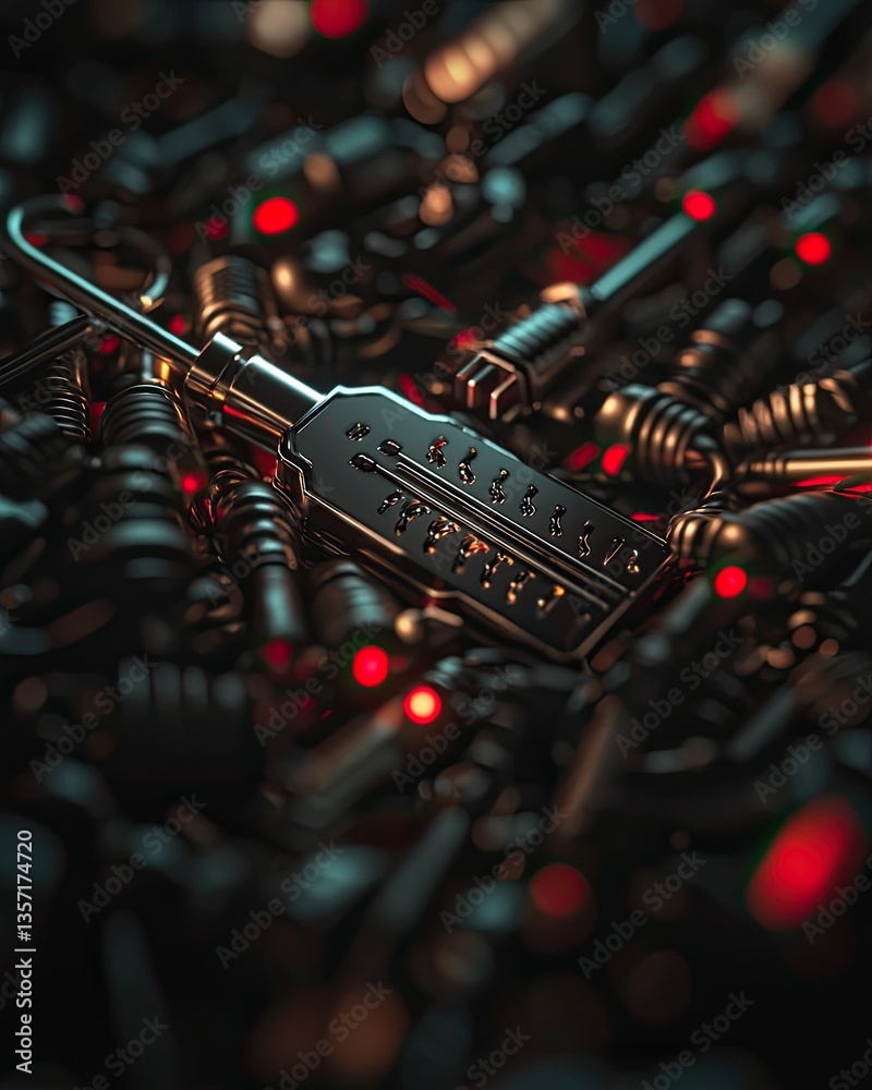 Naklejka premium A close-up view of intricate locksmith tools set against a dark, futuristic backdrop filled with red lights.