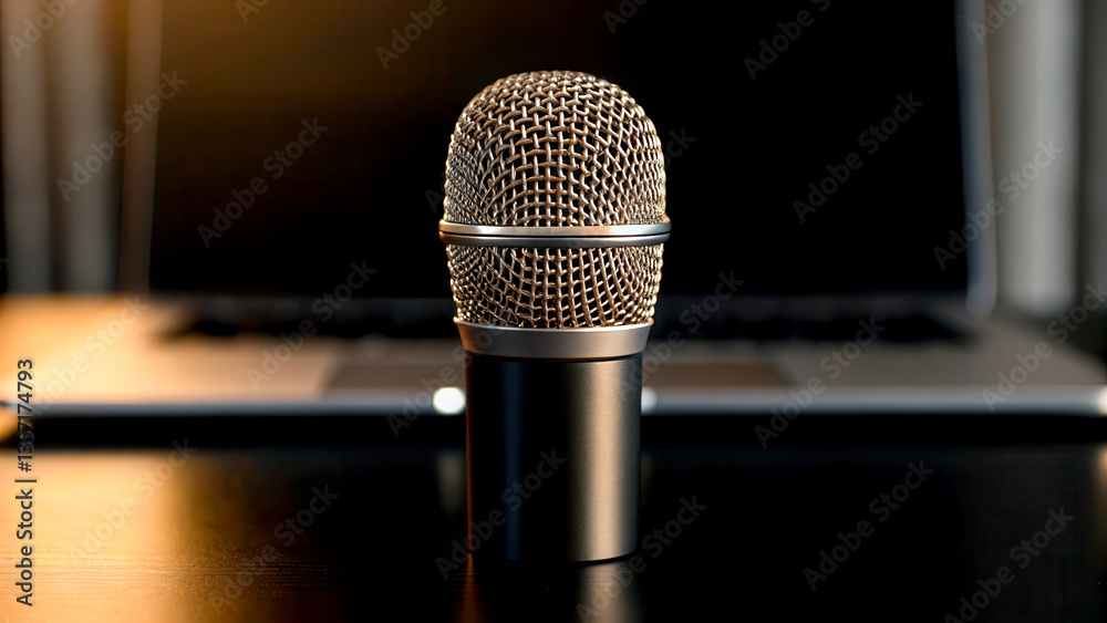 Podcasting concept. Close-up of a microphone on a desk with a blurred laptop background. Podcasting concept. Close-up of a microphone on a desk with a blurred laptop background.