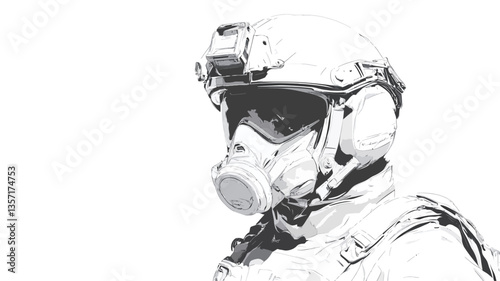 A close-up grayscale image depicts a person wearing a military-style helmet and gas mask.  The image focuses on the head and shoulders, with the subject's face obscured by the protective gear. The