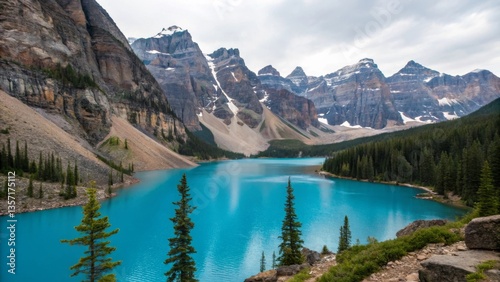 Vivid turquoise alpine lake in rocky mountain valley surrounded by pine trees and dramatic cliffs under cloudy sky symbolizing pure wilderness and natural wonder