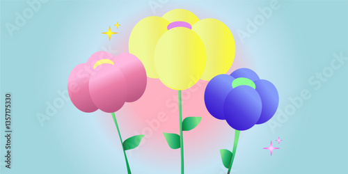 Abstract Pink Yellow Blue gradient fantasy flowers illustration, colorful floral design with blue pink gradient background, futuristic nature vector art, dreamy digital vector