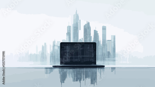 The image features a black laptop positioned centrally on a reflective surface.  The laptop screen is dark and unlit, showing no visible content. Behind the laptop, a blurred, desaturated image of