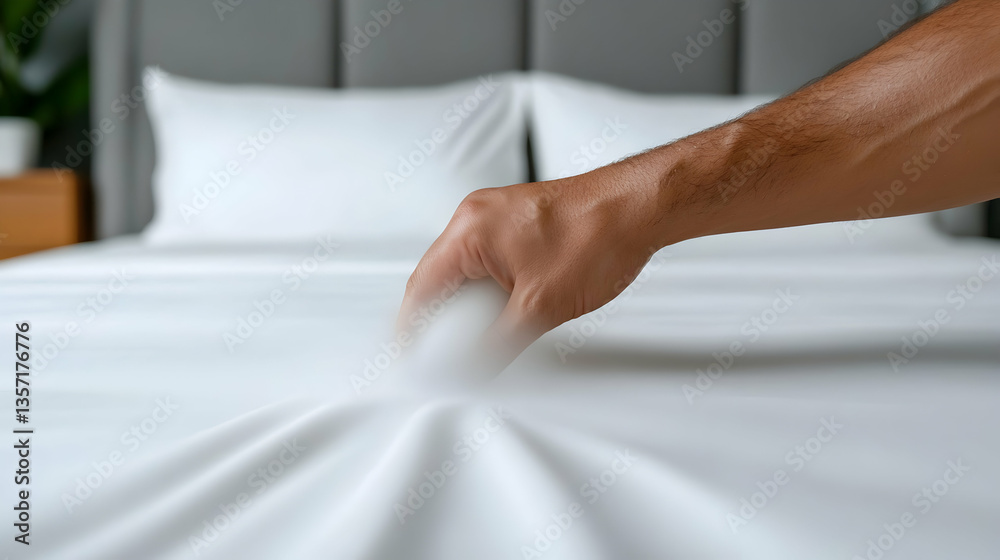 Obraz premium Close-up of a Hand Spraying Dust Mite Cleaner on Crisp White Bed Sheets