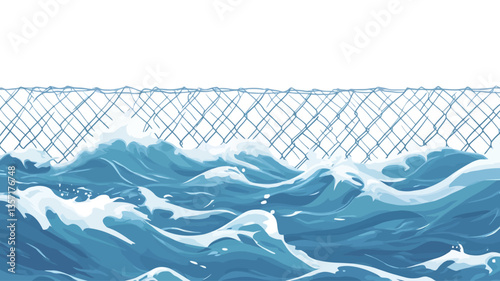 The image is a stylized illustration depicting a series of blue ocean waves. The waves are rendered in a painterly style with varying shades of blue and white, creating a textured appearance.  Atop