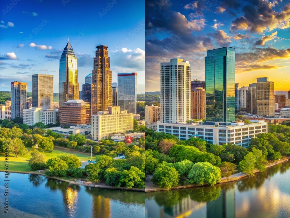 Fototapeta premium Austin Skyline Transformation: Before & After Cityscape Evolution
