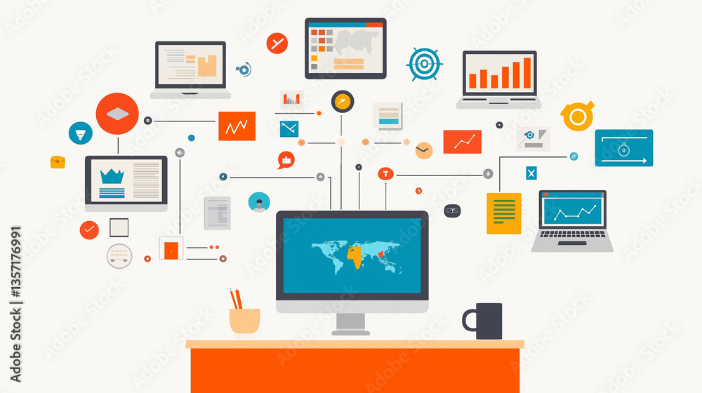 Networked Digital World: An illustrative depiction of a interconnected digital network, featuring an array of computer screens, icons, and elements. Networked Digital World: An illustrative depiction of a interconnected digital network, featuring an array of computer screens, icons, and elements.