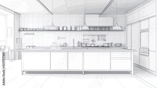 The image is a digital rendering of a modern kitchen design presented as a wireframe sketch.  The sketch is in grayscale, showing only lines and basic shapes, with no color or texture. The design
