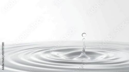 A close-up macro photograph depicts a single water droplet impacting a still body of water. The droplet is suspended in mid-air, just above the surface, creating a small, vertical column of water.