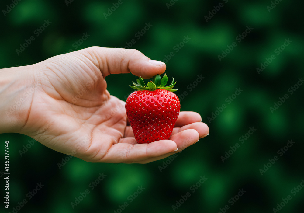 Obraz premium Hand Holding a Ripe Red Strawberry Against a Green Background
