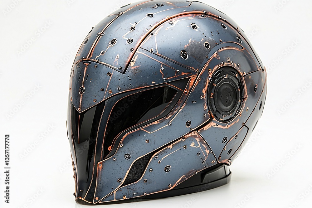 Fototapeta premium Futuristic Motorcycle Helmet Design with Unique Pattern and Textures in Metallic Blue and Copper Accents