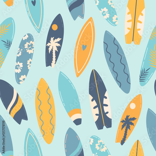 Cute summer pattern with different surf boards. Seamless texture with different boards for surfing on blue background.