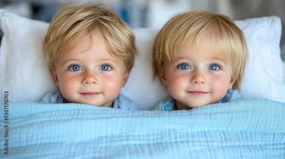Twin boys nestled in a light blue blanket, smiling and looking at camera Twin boys nestled in a light blue blanket, smiling and looking at camera