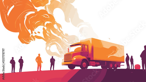 A vector illustration depicting a delivery truck in the foreground with a large, stylized orange and red smoke plume behind it.  The plume is abstract and suggestive of fire or pollution.