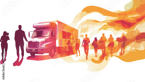 The image is a stylized illustration, rendered in a watercolor-like style with warm, vibrant tones of orange, pink, and red. The central element is a large truck or mobile unit, suggesting support