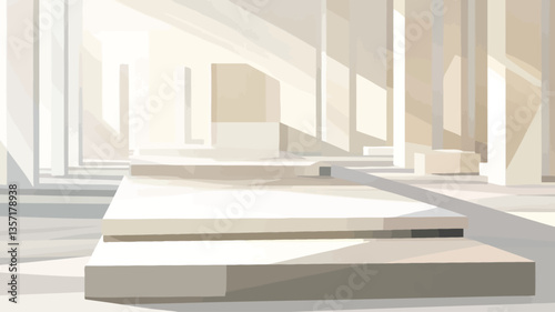 The image is a digital rendering of a minimalist interior space.  The architecture is characterized by clean, geometric shapes and predominantly white color palette with subtle beige accents.