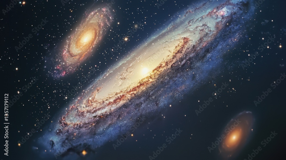 Naklejka premium Cosmic Dance: A view of galaxies illuminating the vast expanse of space, showcasing the universe's awe-inspiring beauty.