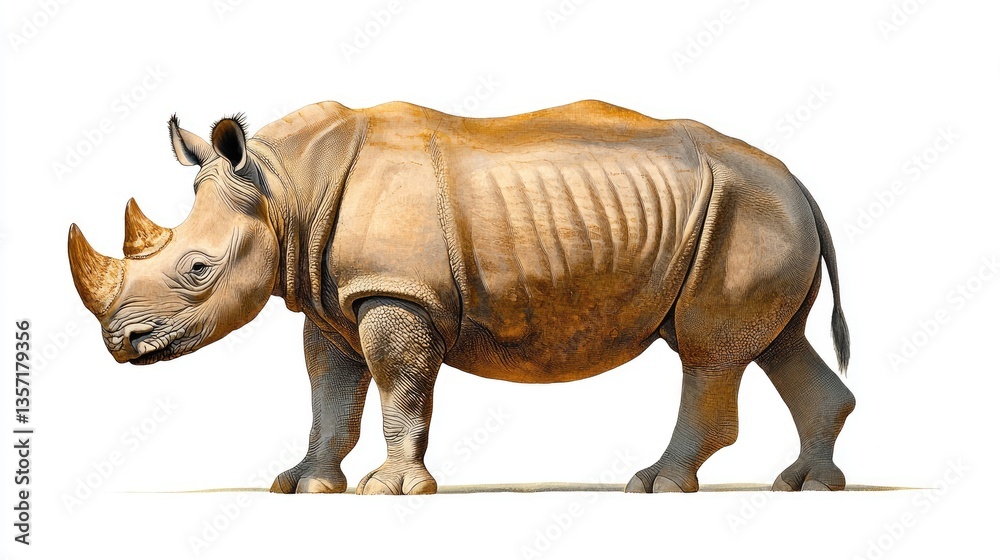 Fototapeta premium Retro zoology print of a rhinoceros, intricate vintage etching with fine animal details