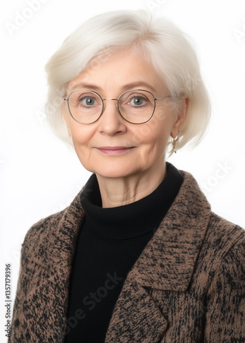 Foto für Ausweis - Rentnerin mit Brille und grauen kurzen Haaren - 50 Jahre alt