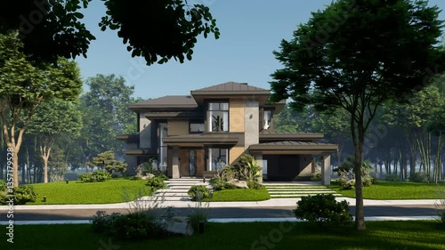 4K video rendering of modern two story house with gray and wood accents, large windows for sale or rent in luxurious style. Clear sunny summer day with blue sky.
