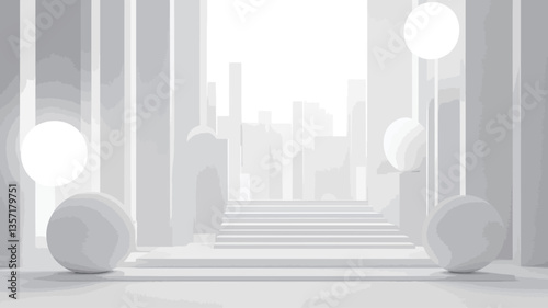 The image depicts a digitally rendered, abstract scene of a long white corridor or hallway defined by vertical, parallel lines.  The space is brightly lit, appearing almost entirely white. Several