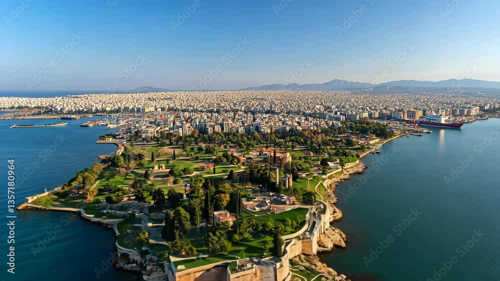 Scenic view of the coastal city with parks and waterfront, showcasing urban life and natural beauty in the afternoon sun