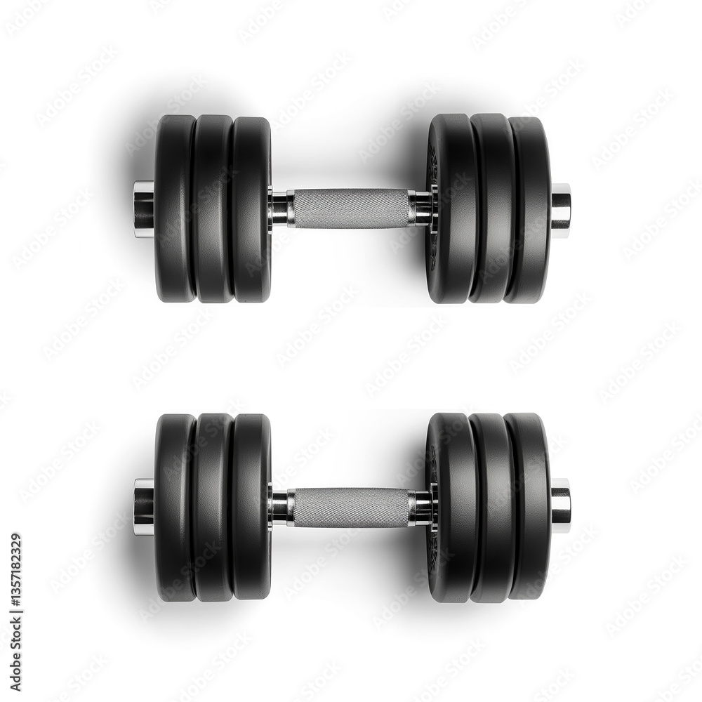Fototapeta premium Pair of Black Dumbbells on Clean White Backdrop: Ideal for Strength Training, Fitness Routines, Muscle Building, and Effective Home Workouts, Premium Quality Gym Equipment for Dedicated Exercise