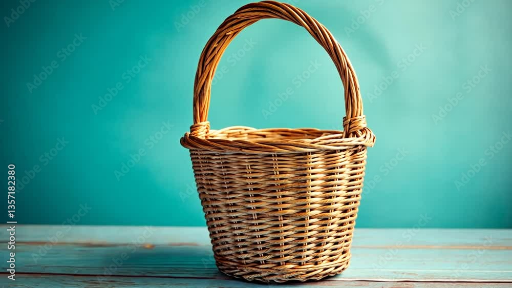 Woven wicker basket on rustic wooden surface against a vibrant teal backdrop, studio shot