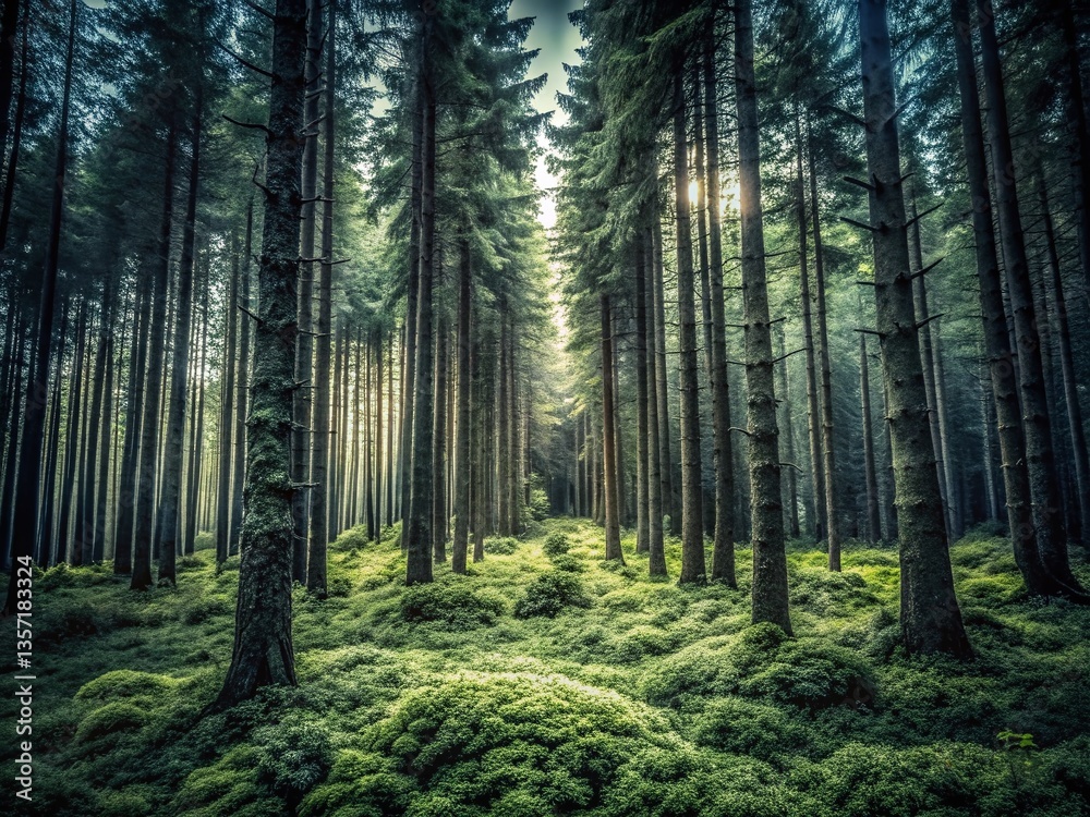 Naklejka premium Black and White Forest Clipart: Dramatic Moody Trees, Dramatic Light and Shadow