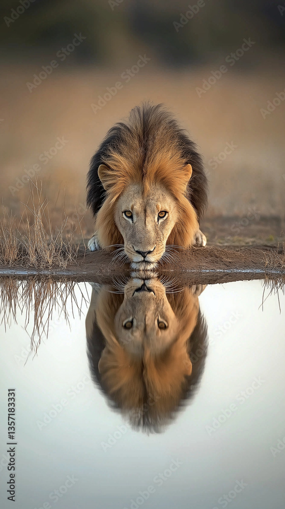 Fototapeta premium majestic lion drinks slowly. The water reflects his image, creating perfect symmetry between the lion and his reflection, portrait of a lion, lion in the sun, lion in the zoo