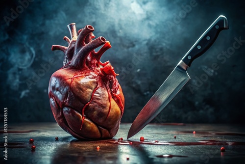 Bleeding Heart: Knife Piercing Through a Realistic Human Heart - Stock Photo