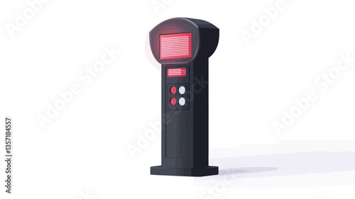 A digital rendering of a handheld device presented as a low-poly 3D model.  The device is predominantly black with a small rectangular red screen at the top. It features several smaller, circular