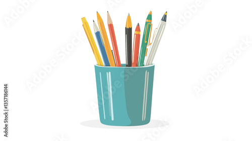 A digital illustration depicts a teal-colored cylindrical pencil holder containing various colored pencils and pens. The pencils and pens are arranged upright, with their tips visible at the top.
