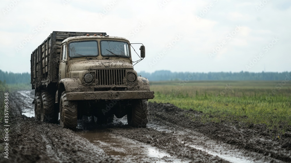Fototapeta premium a muddy truck driving on a muddy road