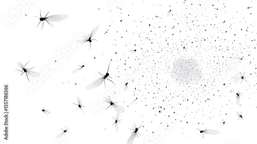 The image is a high-resolution monochrome photograph or digital rendering depicting a scattering of small, dark particles against a stark white background.  The particles appear to radiate outwards