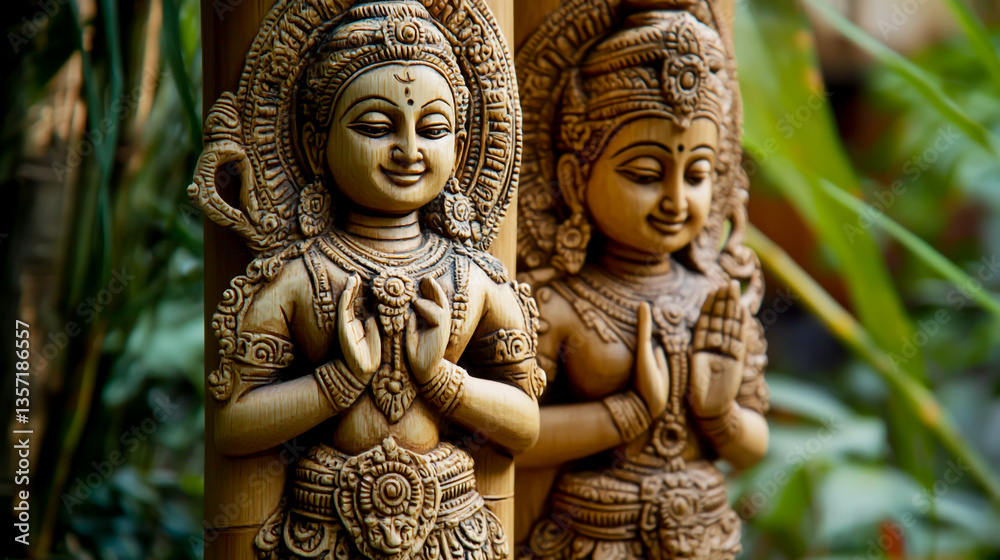 Fototapeta premium Bamboo tube carvings featuring traditional Indian motifs