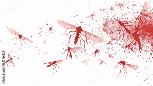 A digital illustration depicting numerous red mosquitoes on a white background.  The mosquitoes are rendered in a stylized manner, with some appearing more detailed than others.  There are also red