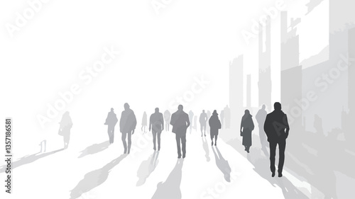 The image is a monochrome photograph depicting several dark silhouettes of people walking along a city street shrouded in thick fog or mist. The overall color palette is grayscale, with varying