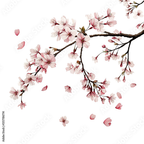 Cherry blossom branch with delicate pink flowers and buds isolated on transparent background, spring floral composition, Branch close-up, elegant botanical design, Wedding Invitations white backdrop