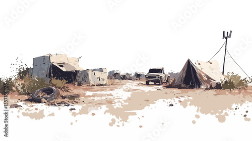 The image depicts a digital painting or illustration of a desolate campsite situated in an arid landscape. The color palette is predominantly muted browns, tans, and whites, reflecting the dry,