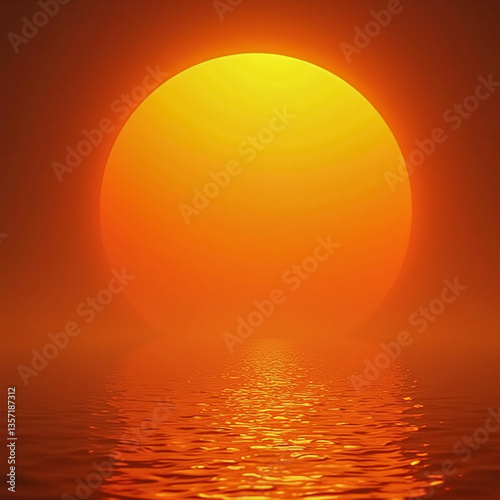 A large orange sun is reflected in the water. The scene is serene and peaceful. The orange color of the sun and the water creates a warm and inviting atmosphere
