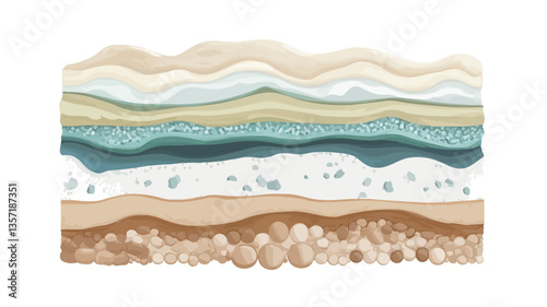 A digital illustration depicting a cross-section of the earth's layers.  The image showcases various layers of different colors and textures, including a bottom layer of pebbles, followed by sandy